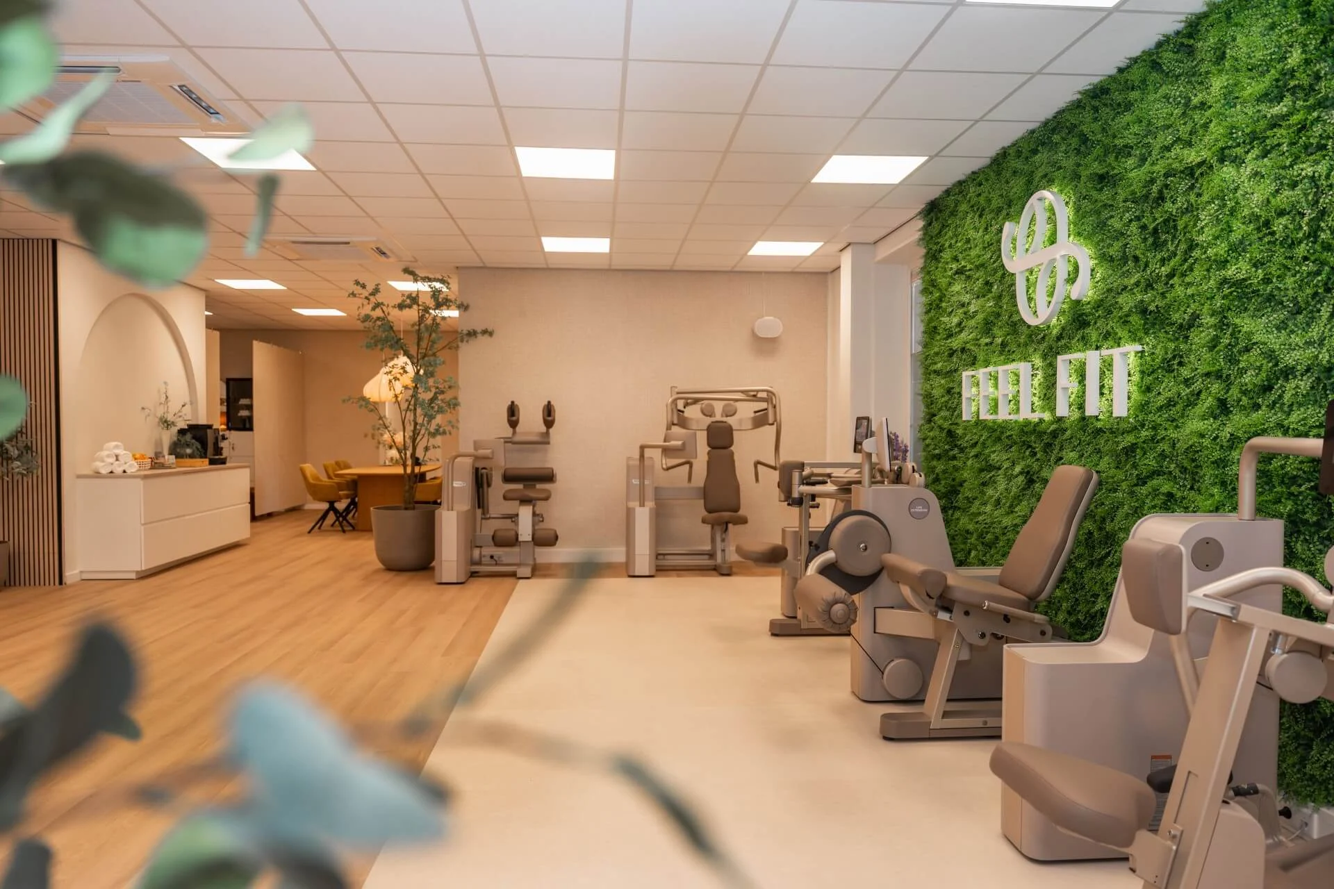 Moderne boutique fitnessruimte met Biostrength-toestellen en groene Feel Fit-wand in Lochem
